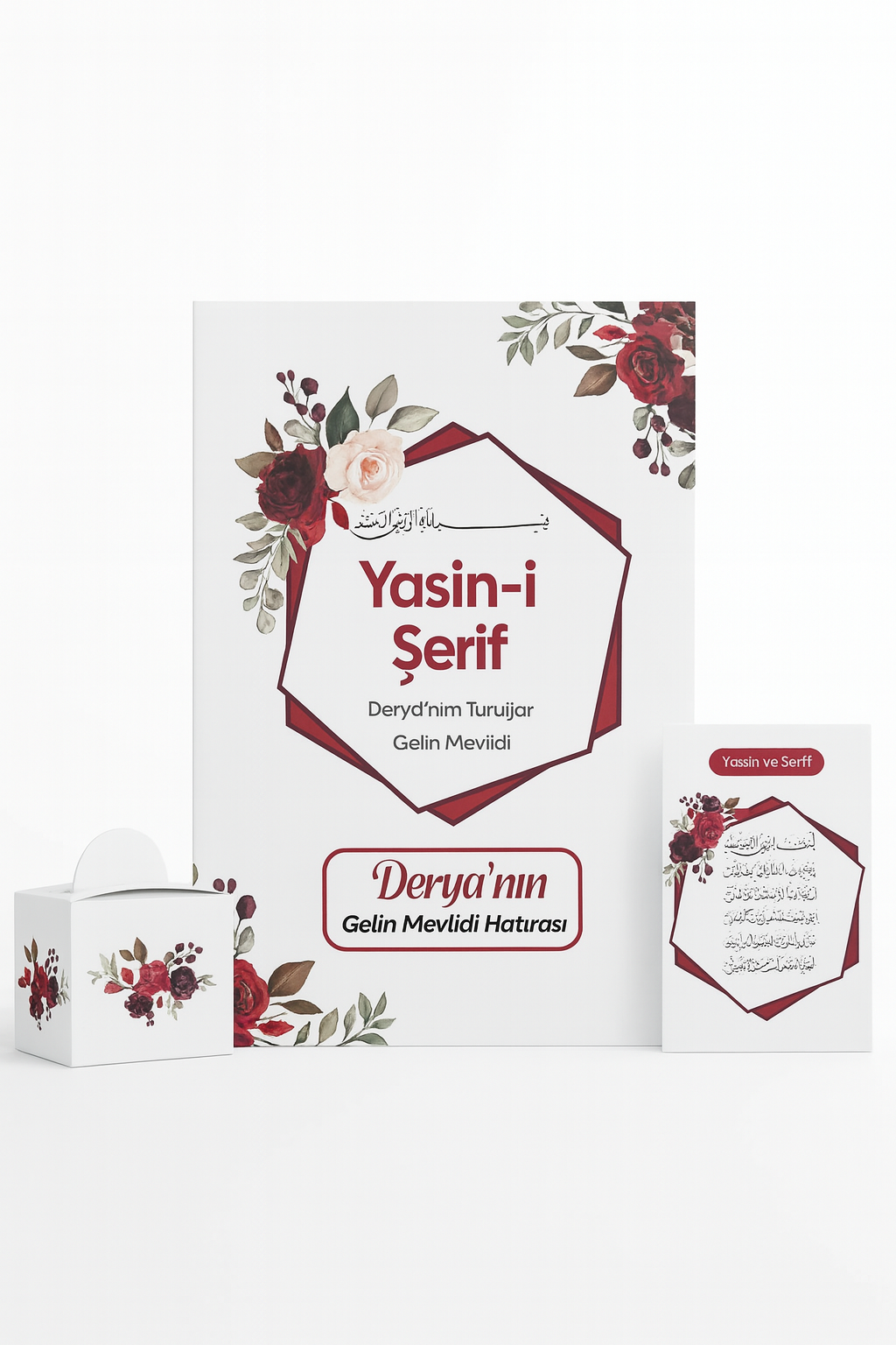 008ad898-986b-417d-81e6-6dda40c81262 İslami Geometri Kırmızı Renkli Yasin Kitabı, Lokum Kutusu ve Magnet - Görsel 1