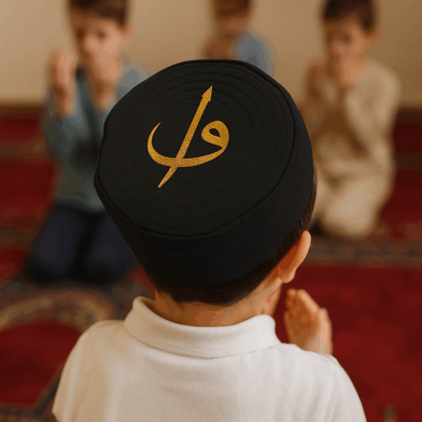 Siyah Çocuk Namaz Takkesi – Nakışlı, Rahat ve Şık Tasarım